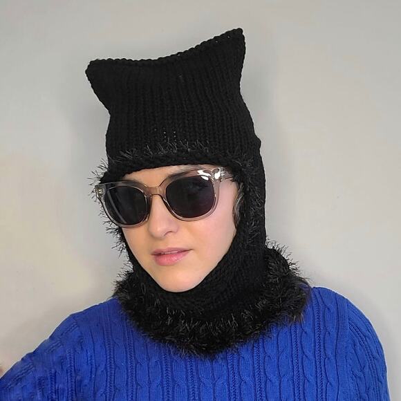 Black Cat Fairy Grunge Fuzzy Knitted Handmade Balaclava Winter Hat - Picture 5 of 8